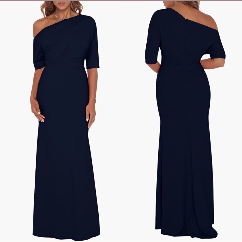 Betsy & Adam Navy One-Shoulder Floor-Length Gown